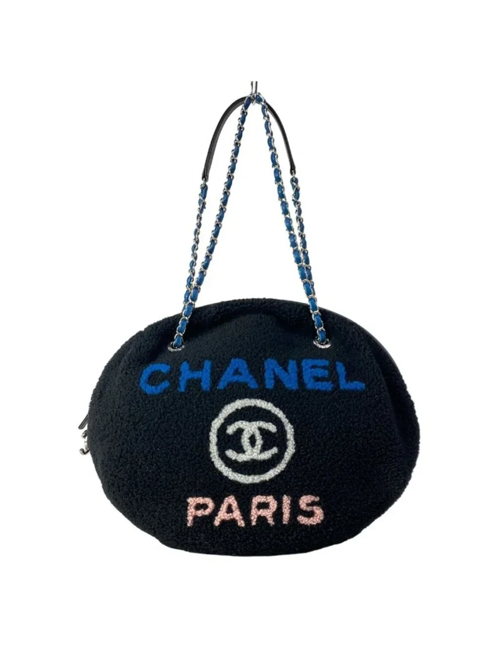 Chanel Shoulder Bag Deauville Line Black Blue Pink Chain Silver Leather